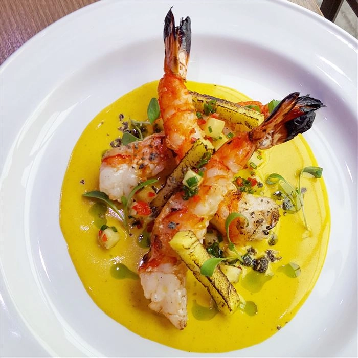 Grilled Tiger Shrimp, Coconut Plantain Sauce, Charred Pineapple