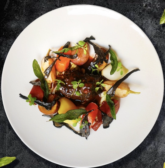 Braised Beef Cheek, Roasted Root Vegetables, Celeriac And Truffle Puree