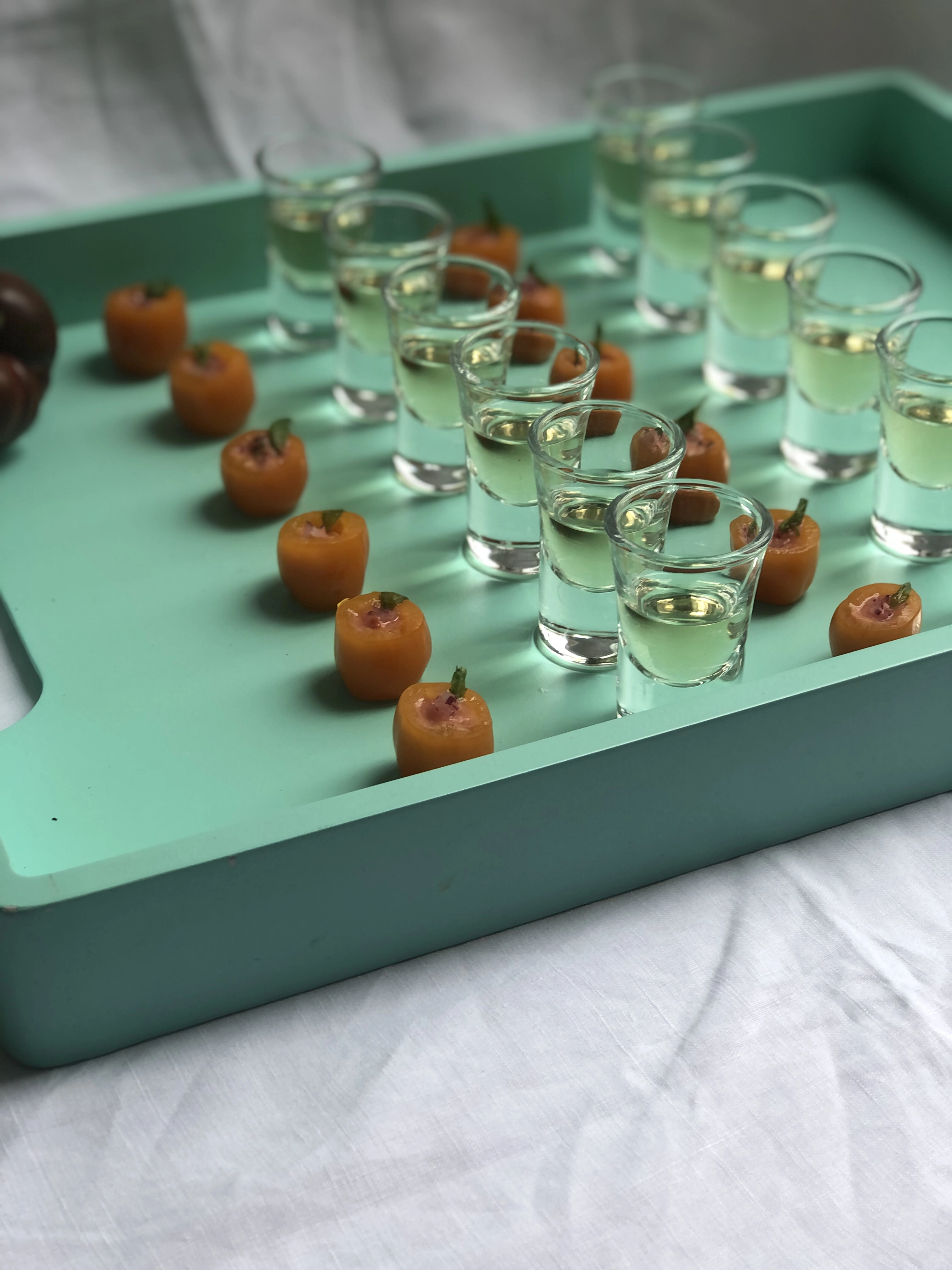 Gazpacho Shots Served With Tiny Brushetta (Cold) (Ve)