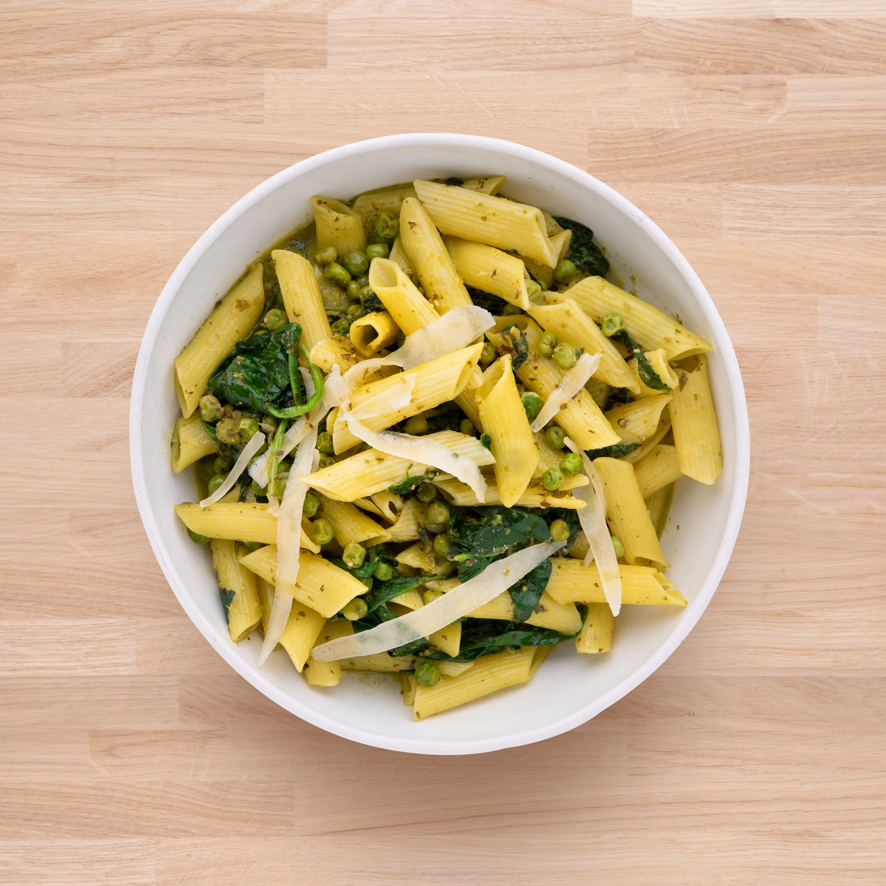Spinach, Pea & Basil Pesto Rigatoni. (Ve) Can Be Vegan.