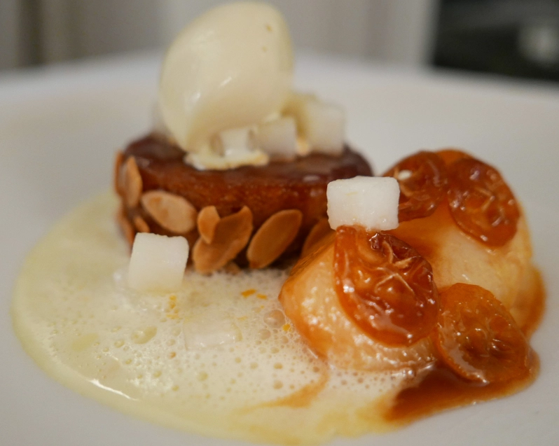 Caramelised Poached Pear, Almond Frangipani And A Kaffir Lime Creme Anglaise