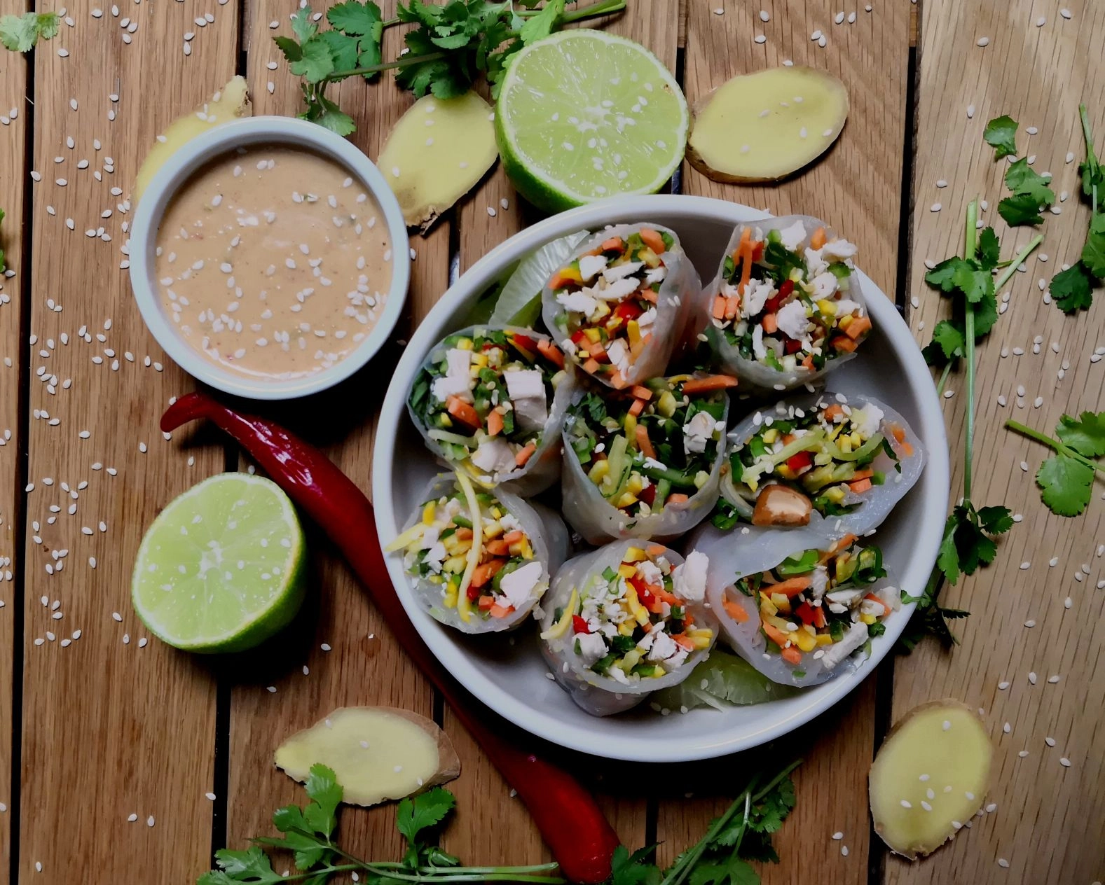 Rice Paper Rolls With Prawns, Crispy Vegetables & Sweet Chilli Dip