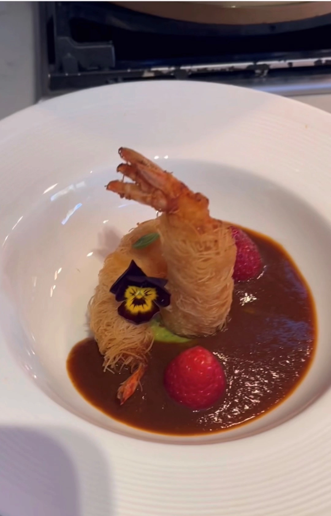 Crispy Tiger King Prawns Wraped In Filo Kanaifi Prawns Bisque Sauce Strawberries Tartar 