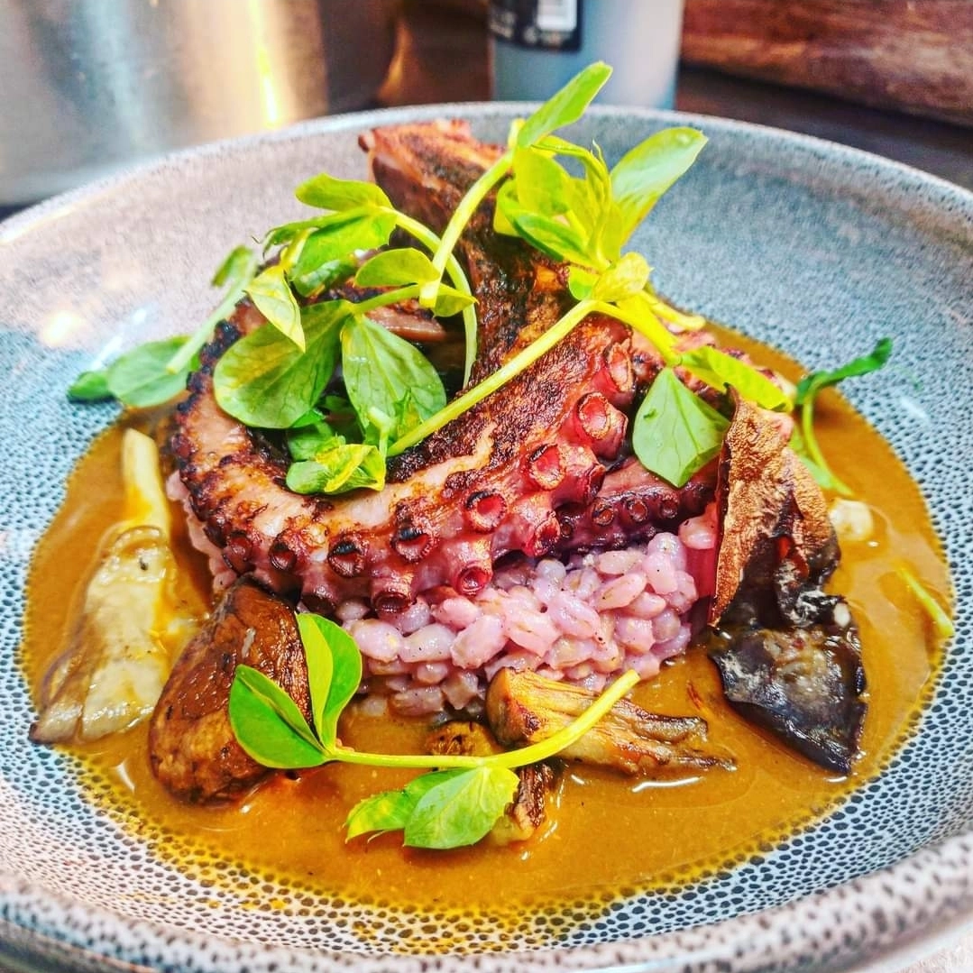 Teriyaki Dashi Octopus, Pearl Barley Rissoto, Lobster Bisqur, Wild Mushroom In Orange Ponzu Butter