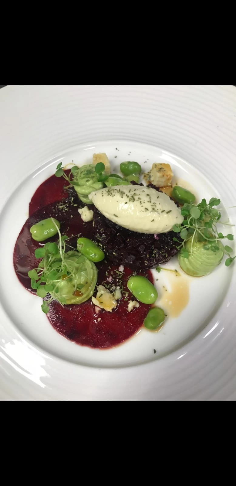 Carpaccio Of Beetroot, Beetroot Tartare With Cashel Blue Cheese Mousse, Broad Bean Crème Fraiche
