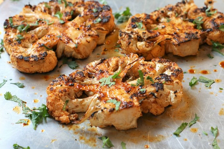 Cauliflower Steaks With A Carrot & Pomegranate Molasses Puree, Chargrilled Broccoli Smoked Almonds