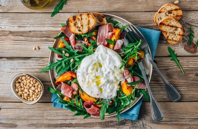 Grilled Peach, Parma Ham & Burrata Salad