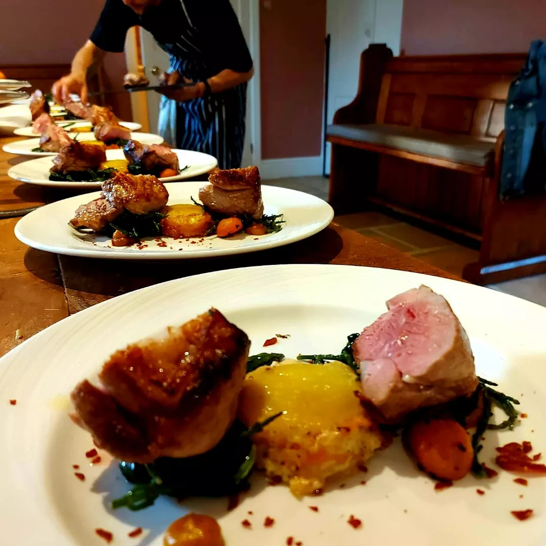 Pan Seared Wiltshire Lamb Rump, Potato Au Gratin, Cavolo Nero, Tender Stem, Carrots, Red Wine Jus.