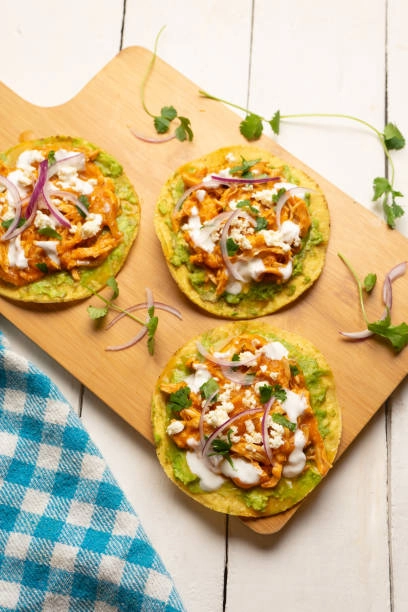 Spicy Chicken Mini Tostadas, Aubergine Puree And Coriander Pistou