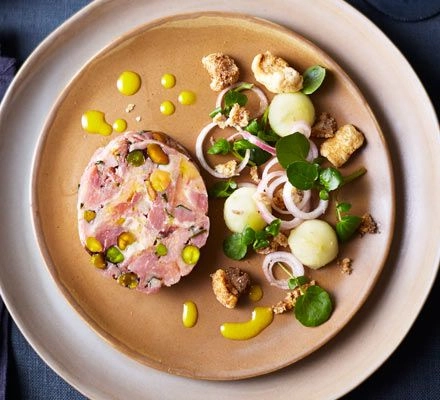 Ham Hock Terrine With Pisatachio Nuts Served With Mustard Dressing And Finish With Light Salad