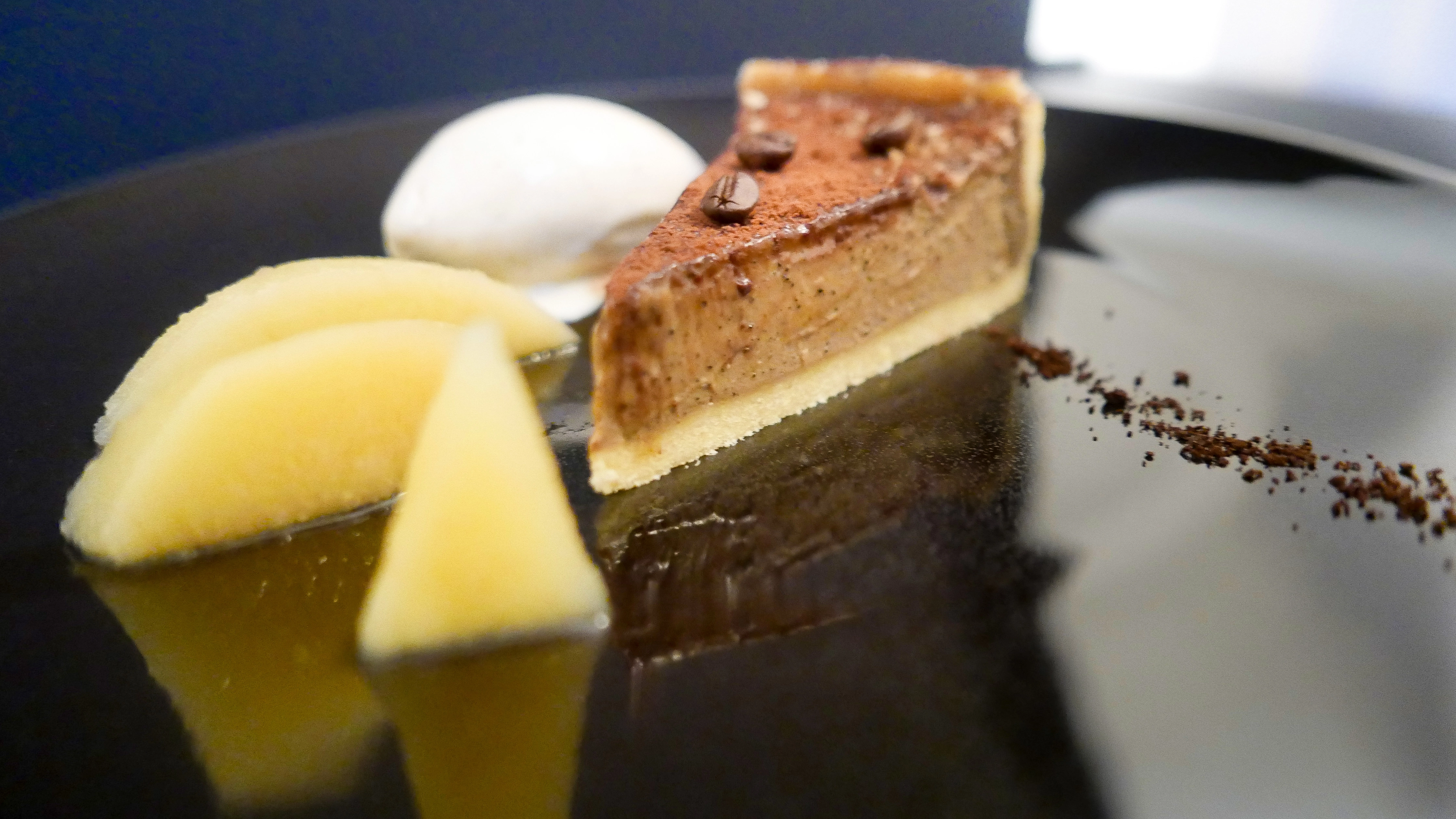 Coffee Egg Custard Tart With Poached Quince And Almond Ice Cream