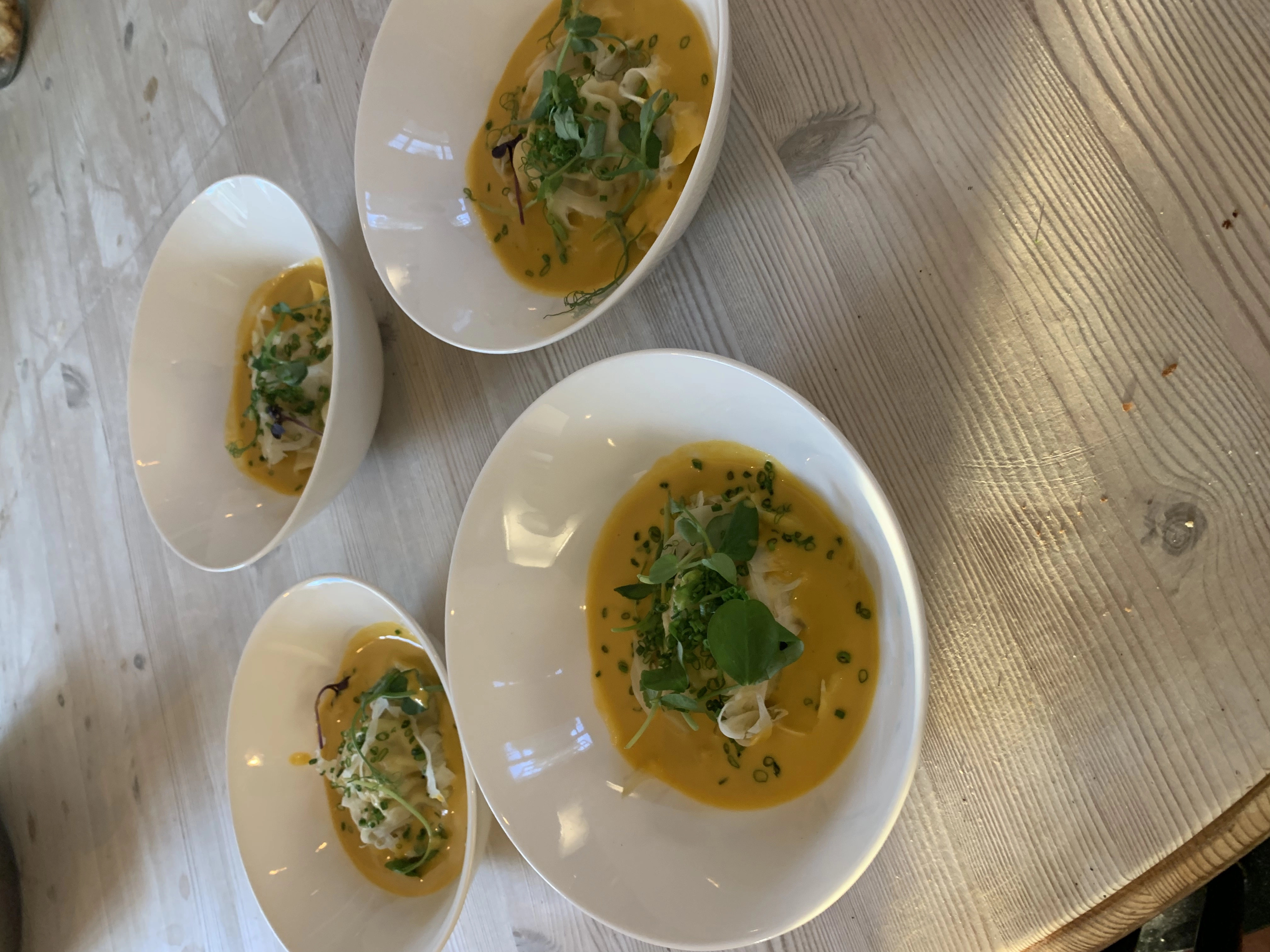 Crayfish & Salmon Ravioli, Crushed Peas, Chive Oil, Bisque, Pea Shoots, Garden Peas