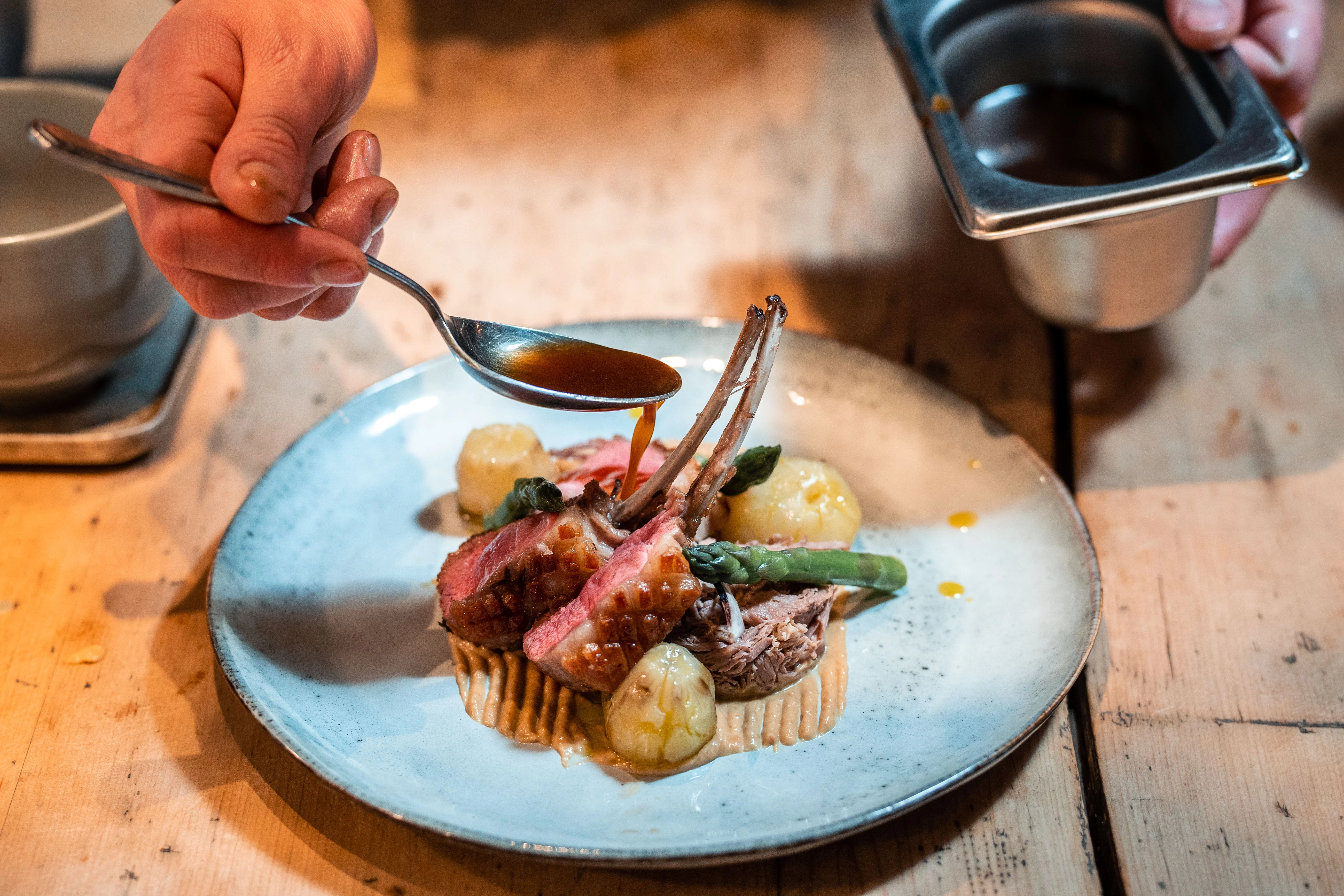 Lamb Rack, Jerusalem Artichokes, Purple Sprouting Broccoli, Salsa Verde