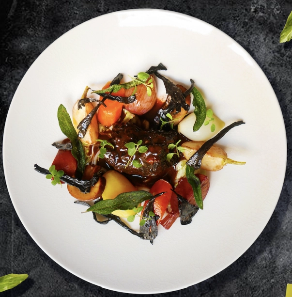 Braised Beef Cheek,Roasted Root Vegetables, Celeriac And Truffle Puree