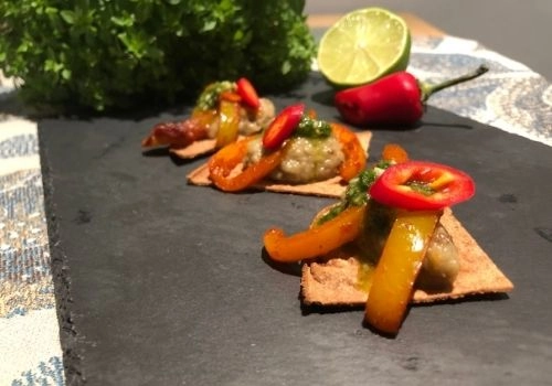 Spicy Vegetarian Mini Tostadas, Aubergine Puree & Coriander Pistou (V)
