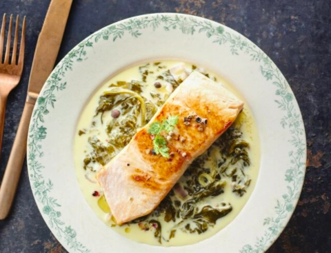 « Saumon À L’oseille » : Roasted Salmon With Creamy Sorrel Sauce Pilaf Rice With Spinach