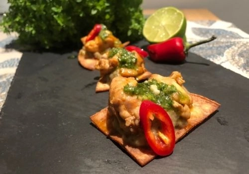 Spicy Chicken Mini Tostadas, Aubergine Puree & Coriander Pistou