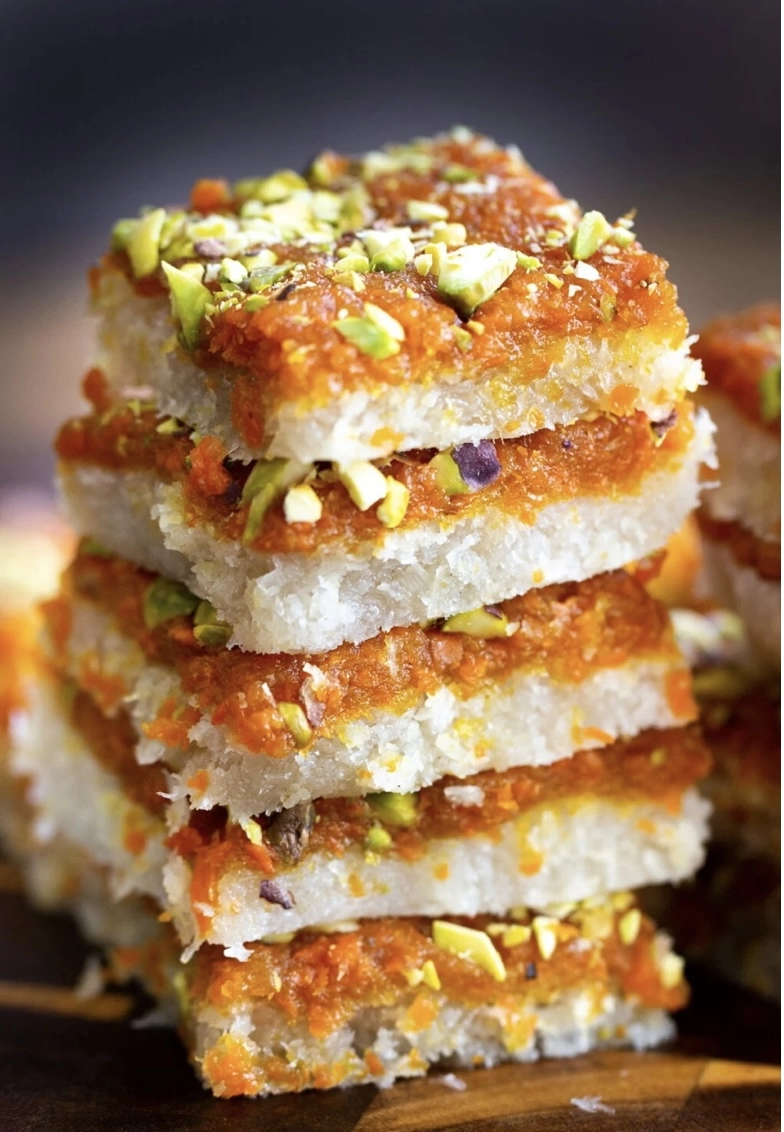 Layered Carrot Halwa & Coconut Burfi Fudge Served With Mango Kulfi Or Lemon Sorbet (Vg, G/F)