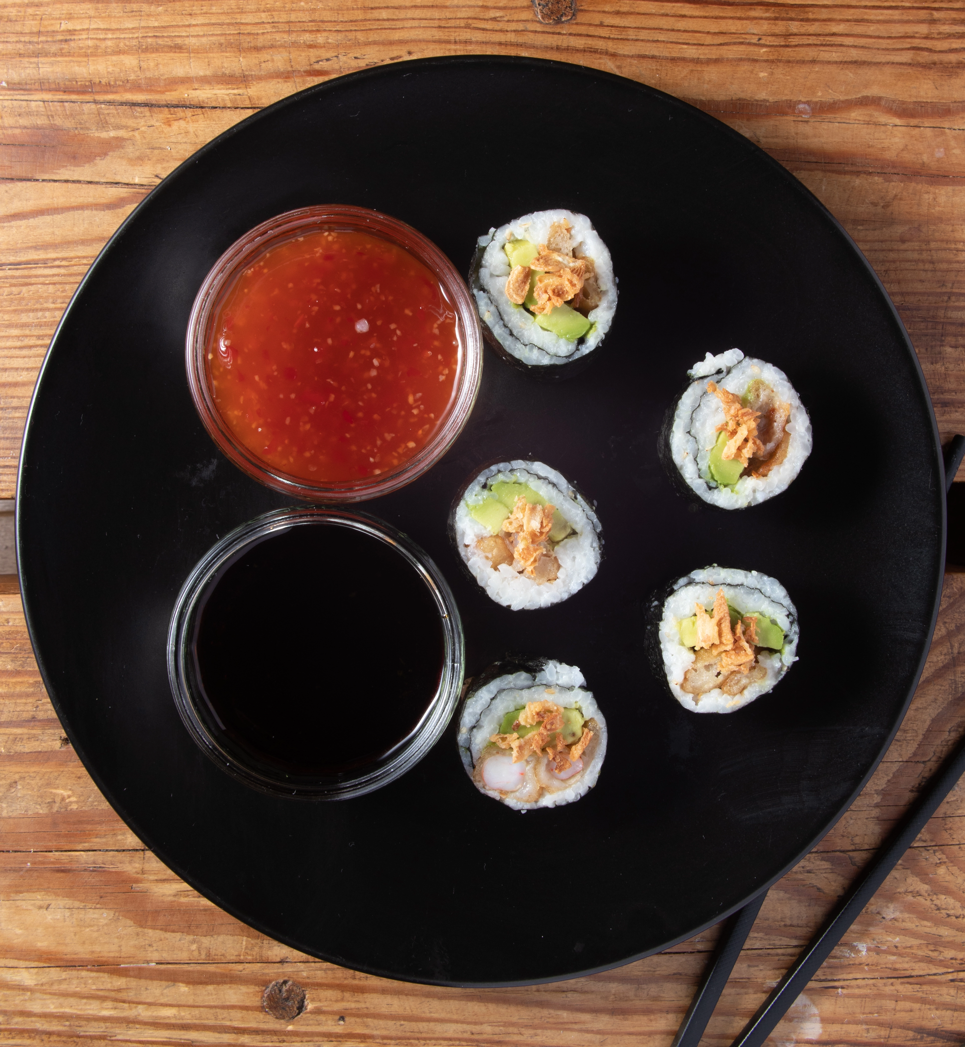 Prawns Tempura Avocado And Crispy Onions Sushi