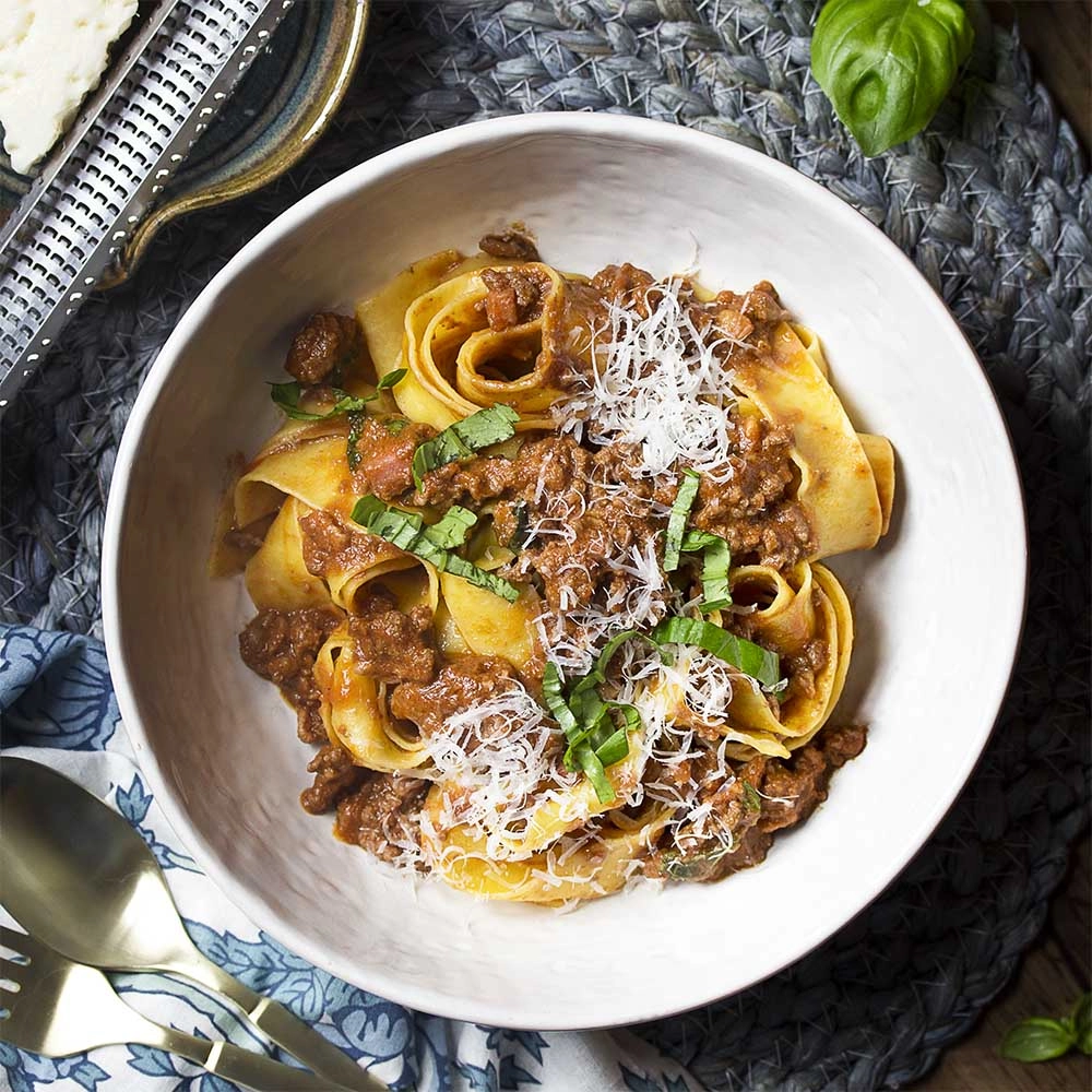 Handmade "Pappardelle" Pasta With Traditional Bolognese Ragu`, Parmesan