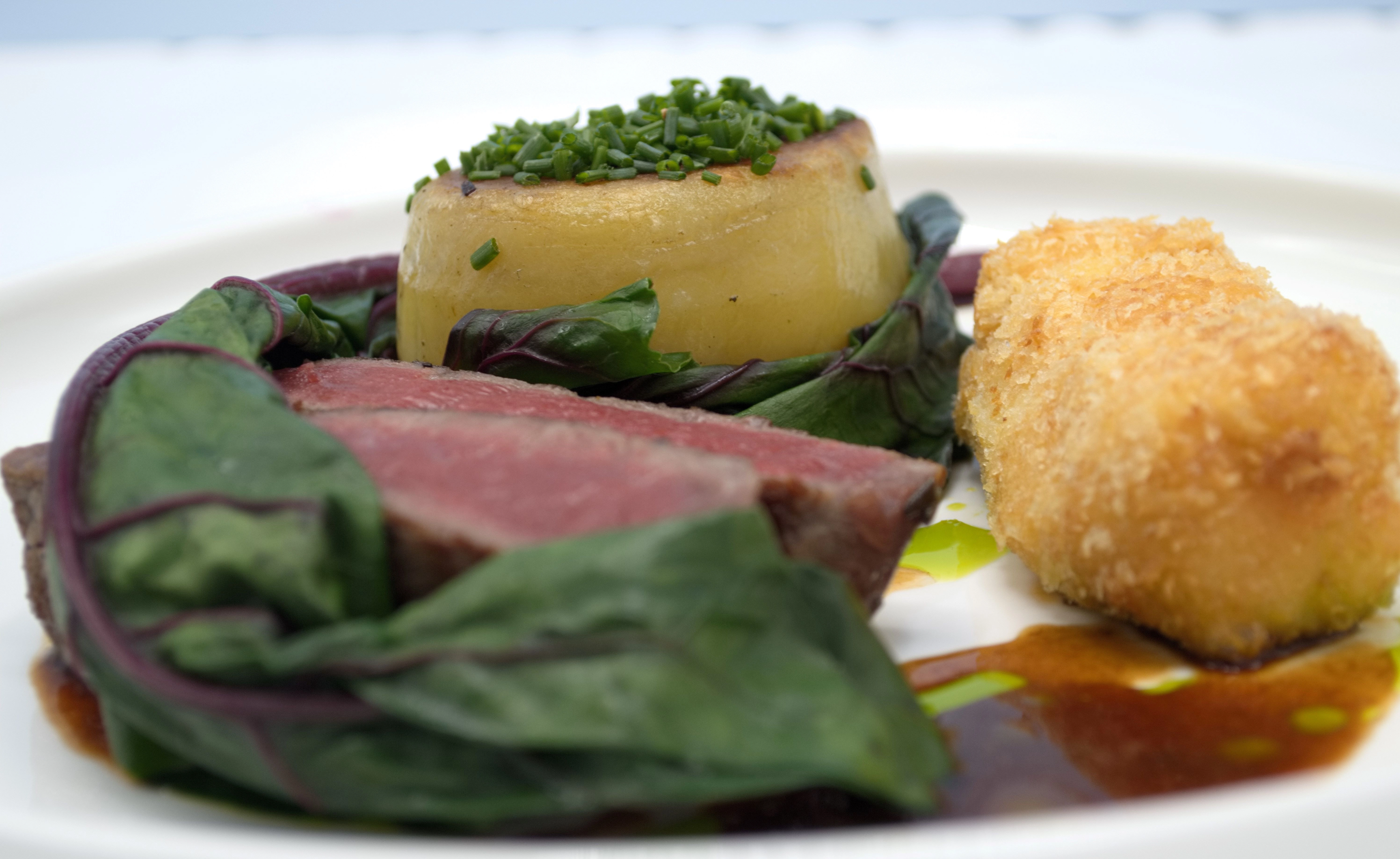 Aberdeen Angus Beef Fillet, Oxtail Croquette, Beef Fat Potato, Swiss Chard, Beef Jus