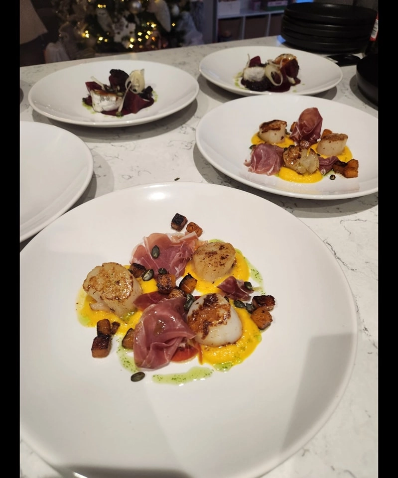 Roasted Scallops With Proscuitto, Butternut Squash Puree, Roasted Squashes & Pumpkin Seeds
