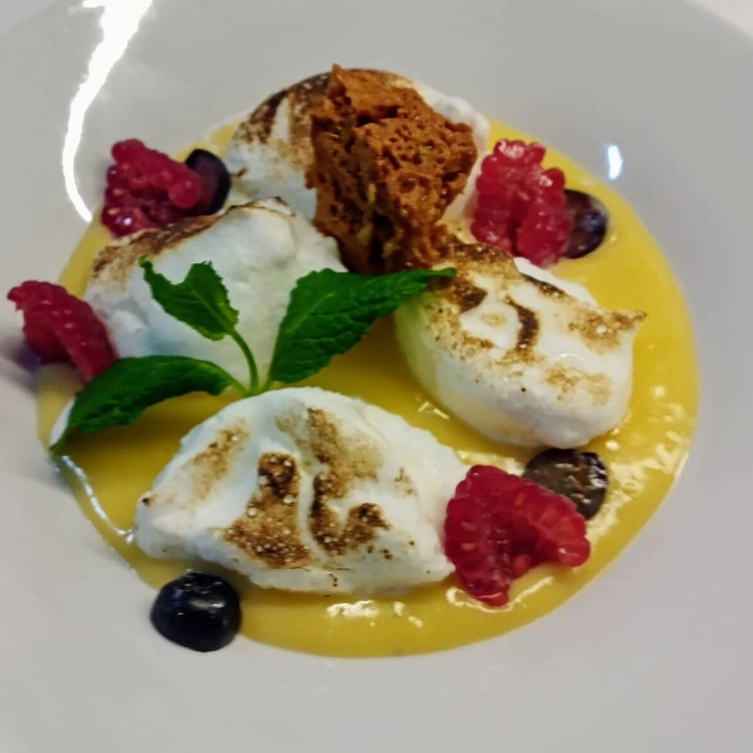 Floating Island On Pool Of Passion Fruit Custard Honeycomb, Berries(Gf)