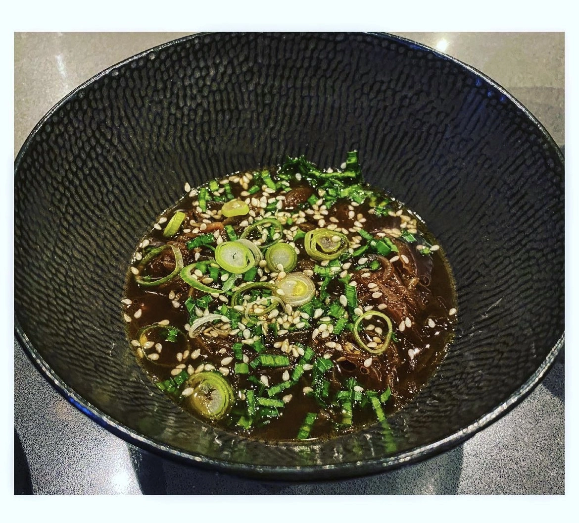 Double French Onion Broth - Aged Black Soy - Sesame - Little Double Cheese Tostie For Dipping