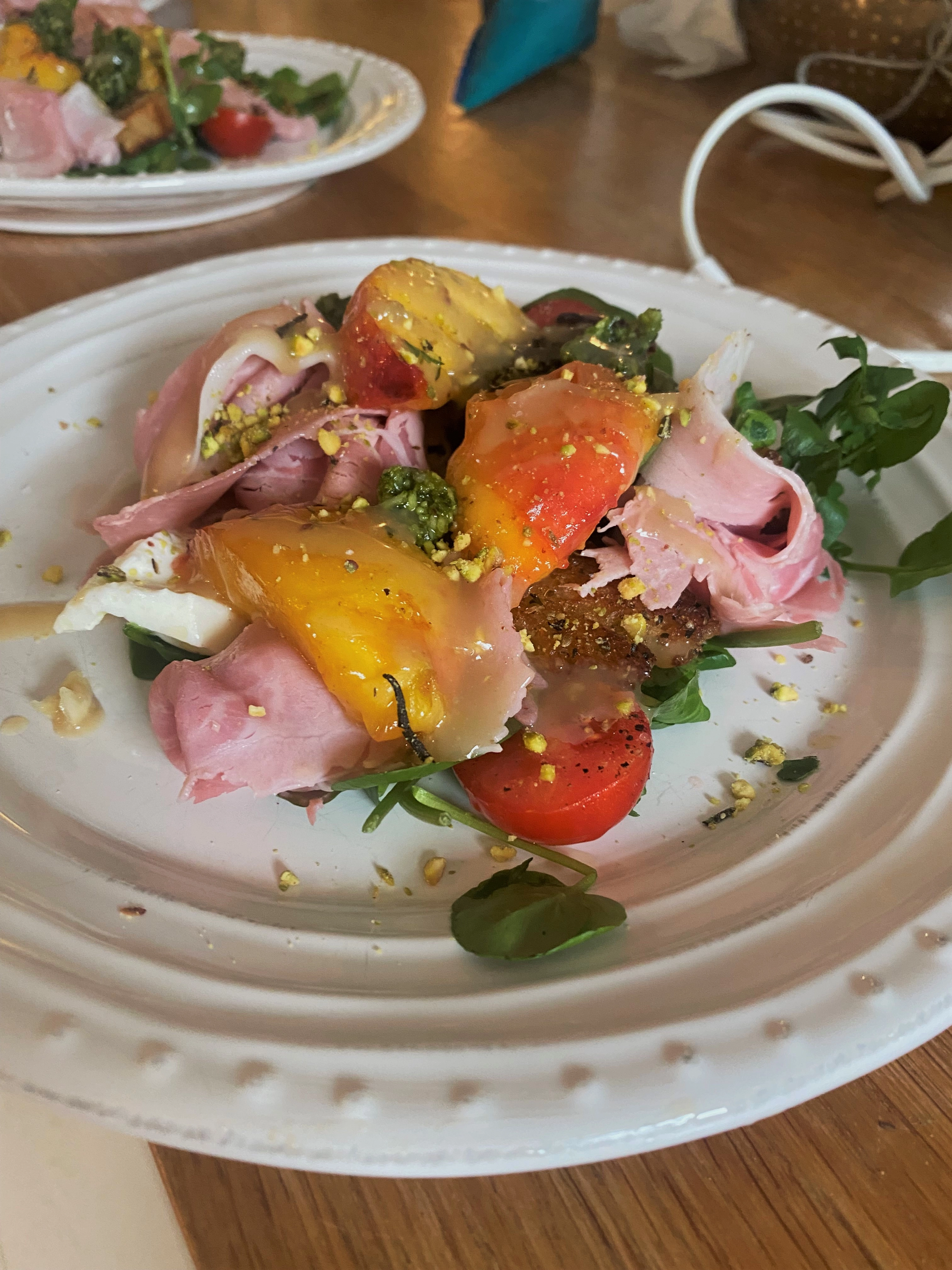 Peach And Burrata,  Honey Roast Croutons, Prosciutto Cotto, Watercress, Tahini Dressing