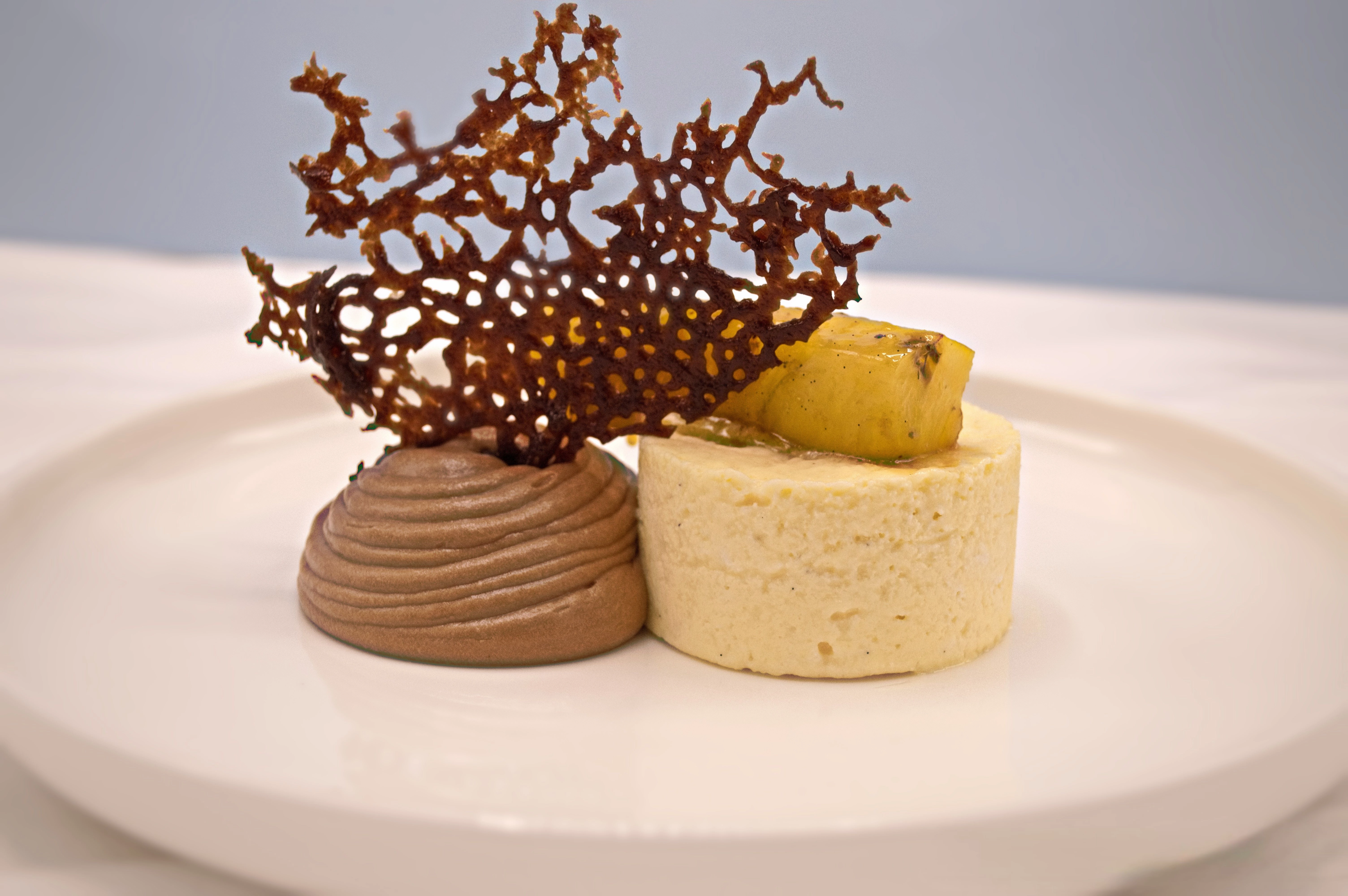 Tonka Bean Parfait, Dark Chocolate Mousse, Chocolate Tuille, Glazed Pineapple