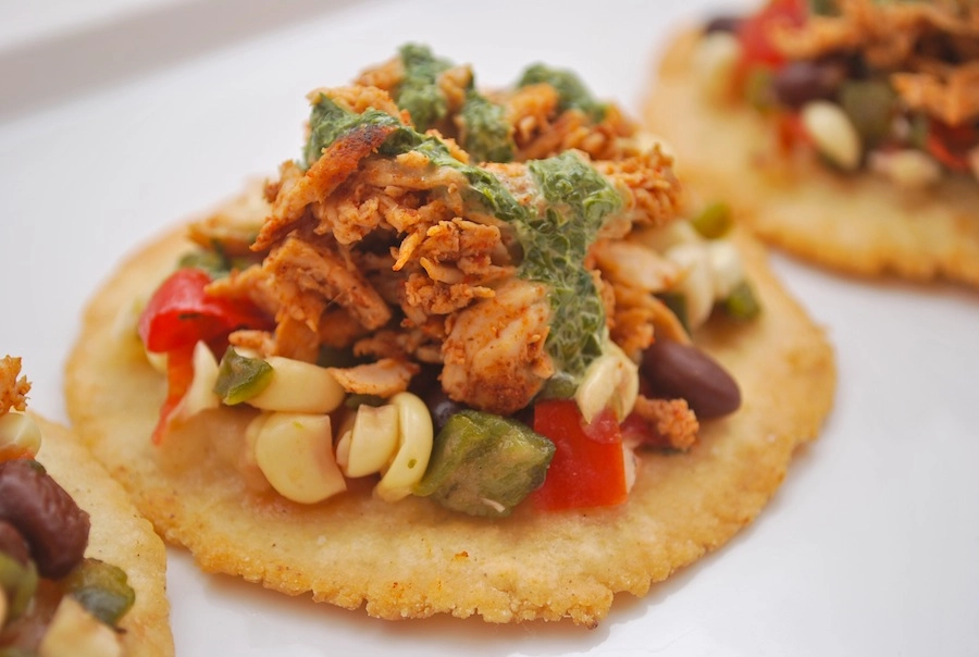 Spicy Chicken Mini Tostadas, Aubergine Puree & Coriander Pistou