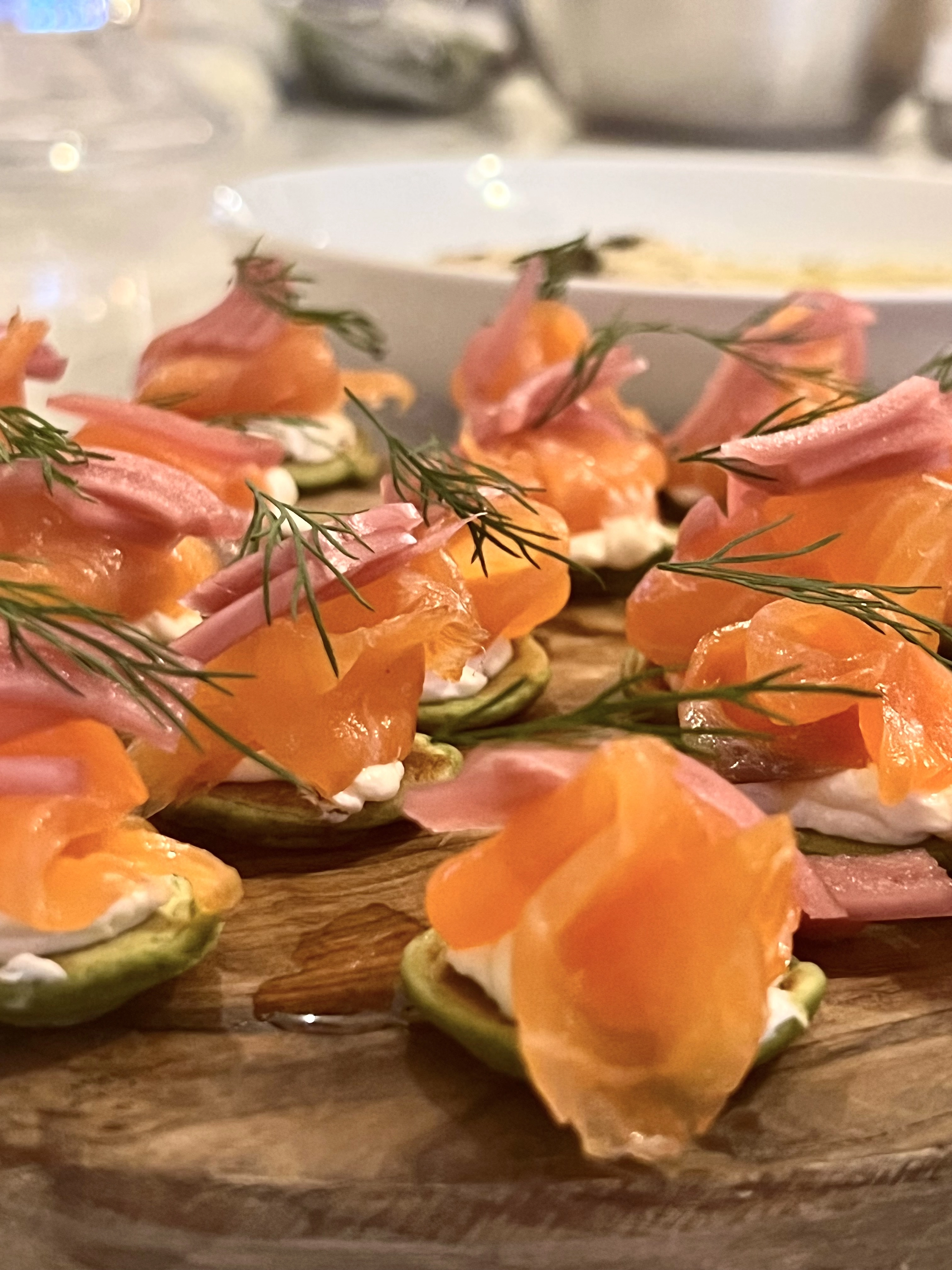 Smoked Salmon Blinis With Lemon Cream Cheese And Beetroot Pickled Onions