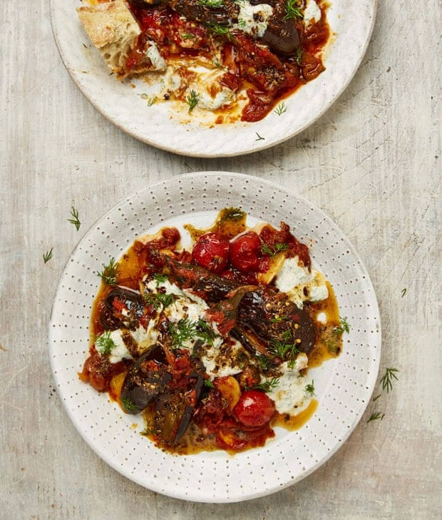 Roasted Aubergines In Cherry Tomatoes With Dill Yoghurt And Cumin Butter, Herby Bulgur Wheat (V)