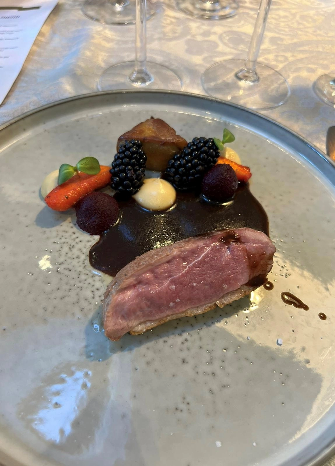  Fillet Of Duck Parsnips And Vanilla Cream
Confit, Beetroots Honey Glazed, Carrots Veal Homemade Jus