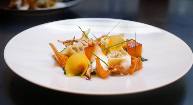 Butternut Squash Agnolotti, Fresh Walnuts, Wild Mushrooms And An Amaretto Butternut Squash Broth