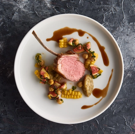 Roasted Rack Of Lamb, Sweet Corn, Fig And Smoky Aubergine Baba Ganoush