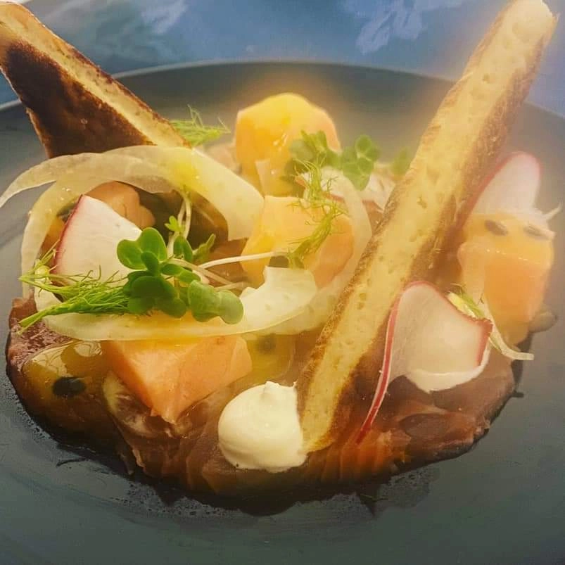Oak Smoked Salmon, Passionfruit Salmon Ceviche, Herb Blini, Creme Fraiche And Passionfruit Dressing
