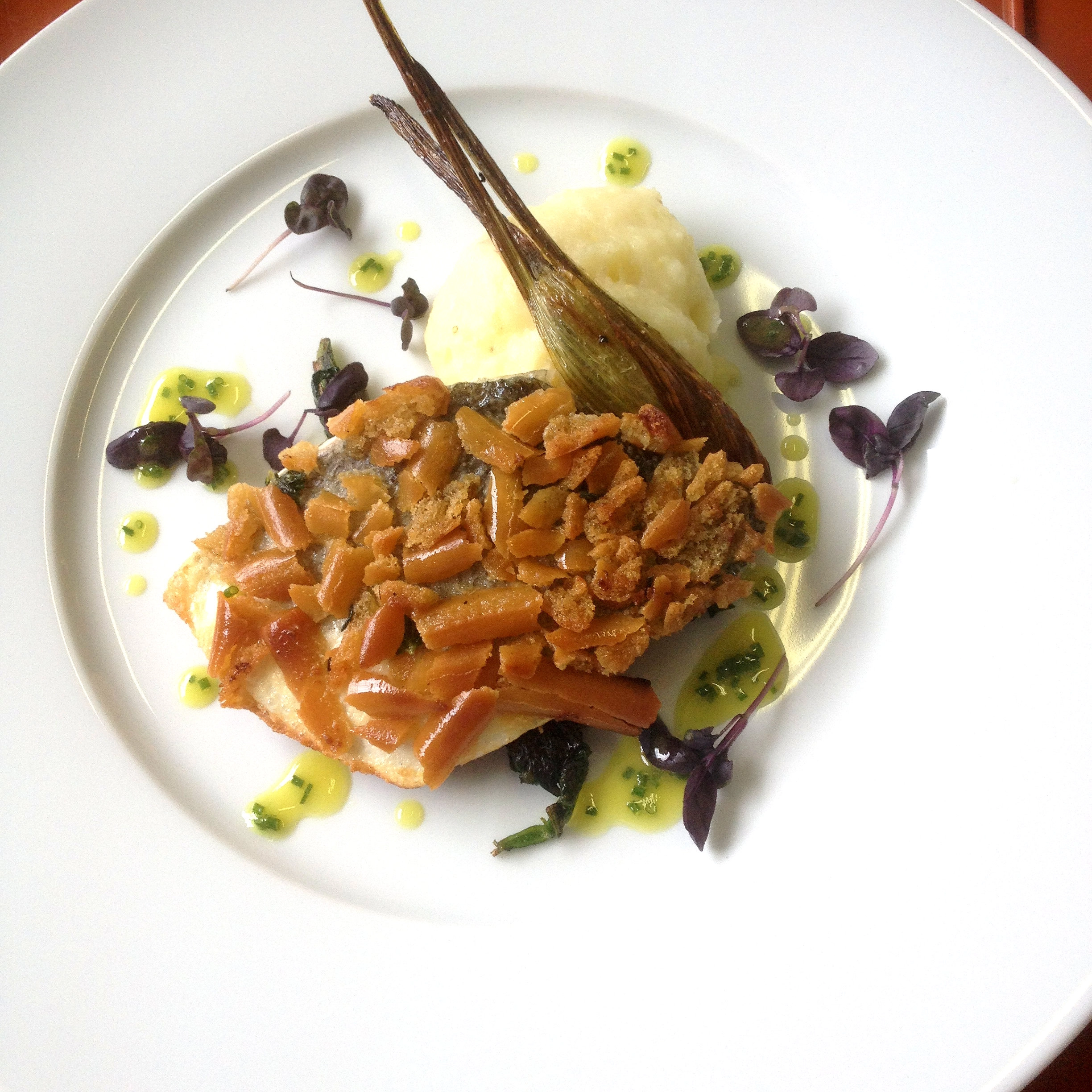 Seabass Lemon Thyme Grissini Crust On Roasted Fennel Mash