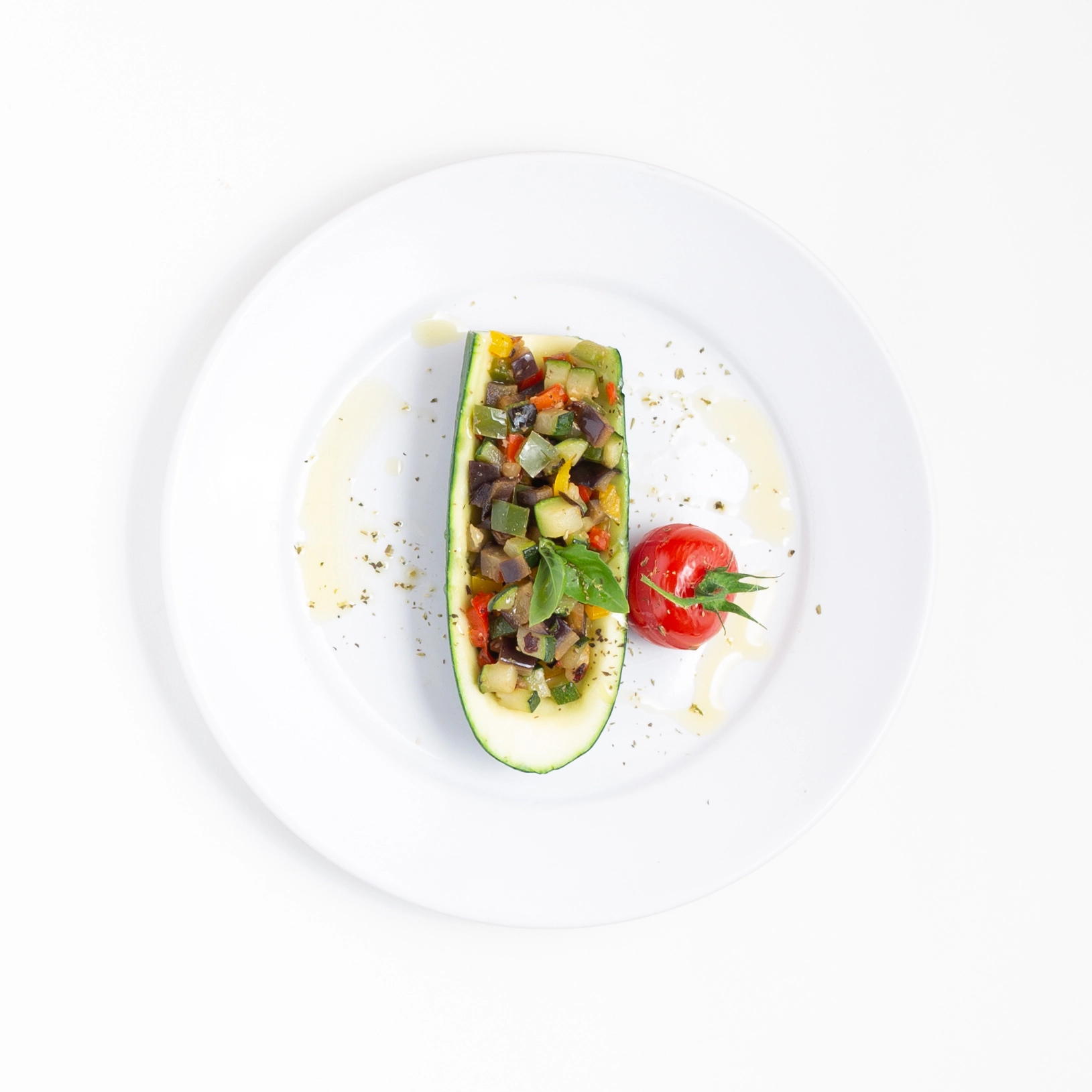 Courgette Caponata With Datterini Tomatoes, Aubergines, Pine Nuts, Capers  And Basil Chiffonade (Vegan)