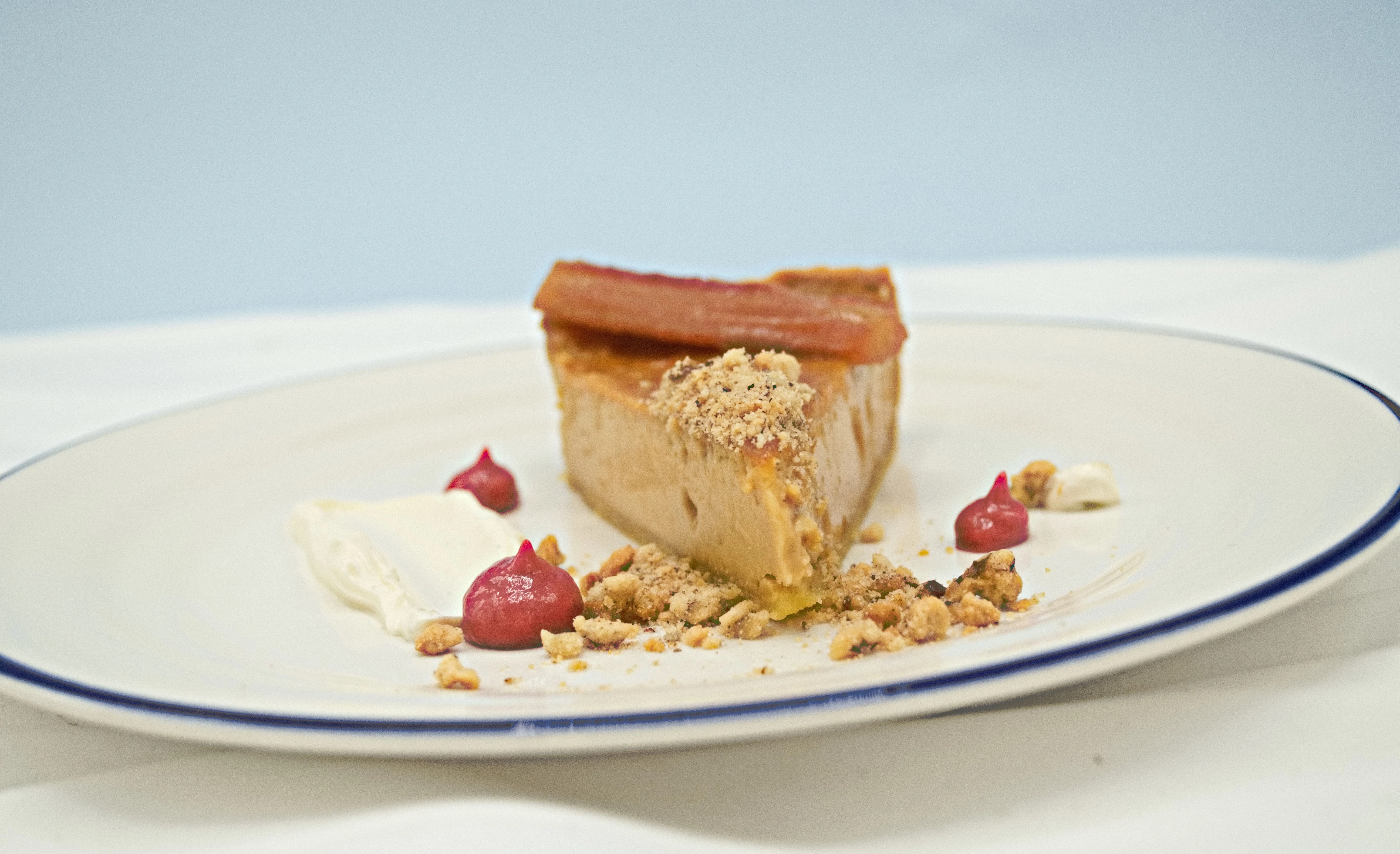 Salted Caramel Custard Tart, Pecan Crumble, Creme Fraiche,  Procesco Poached Rhubarb