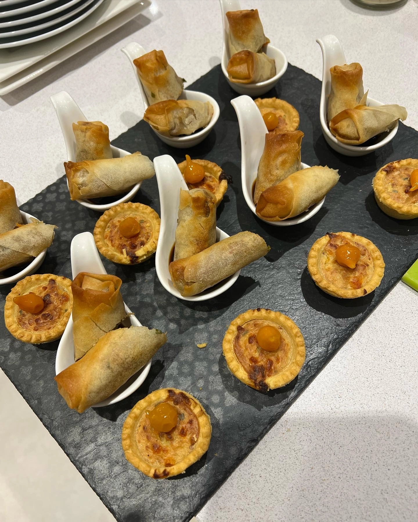 Duck Rolls/Smoked Salmon Fraiche Creme/Broccoli ,Cheddar Cheese Tart/Mini Basket Of Prawns Cocktail 