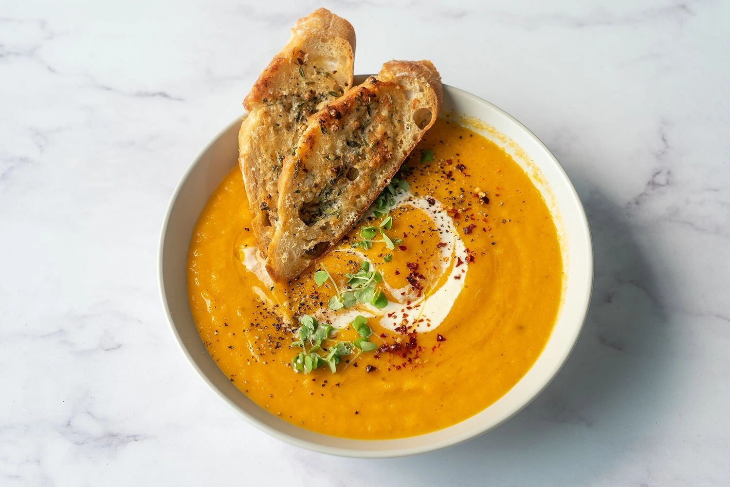 Pumpkin, Carrot & Sweet Potato Soup Topped With Croutons (Ve))