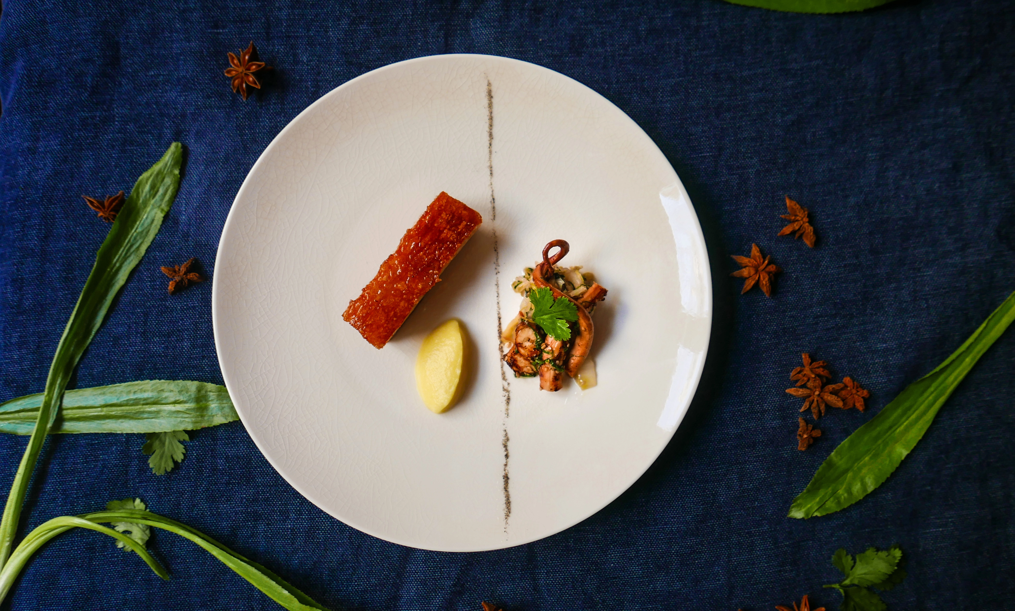 Crispy Pork Belly, Spiced Octopus, Gingered Apple And Pickled Cabbage Revisited  