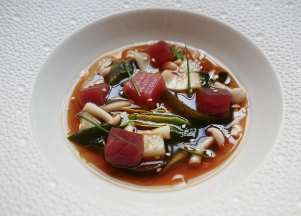 Marinated Tuna In A Dashi Consommé, Seaweed And Yuzu Pickles
