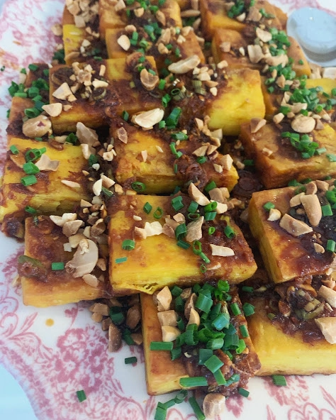 Burmese Shan Tofu Pan-Fried With Garlic Ginger Sauce