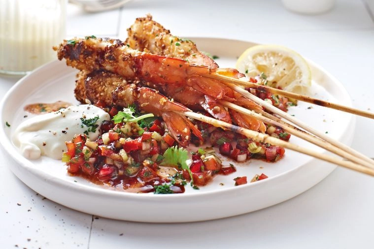 Grilled Prawns Flavoured With Sumac Spice And Pomegranate Salsa Lemon Yoghurt