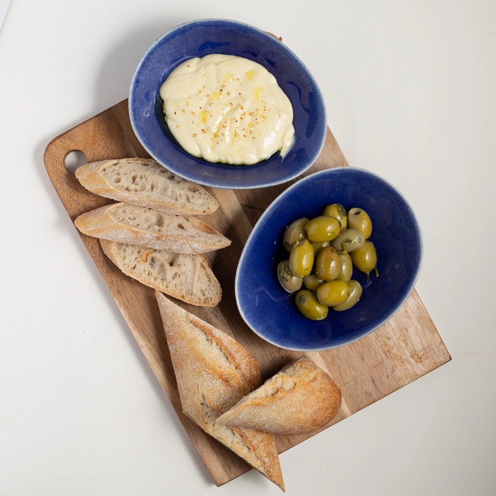 Marinated Olives And Mix Roasted Peppers, Freshly Baked Baguettes