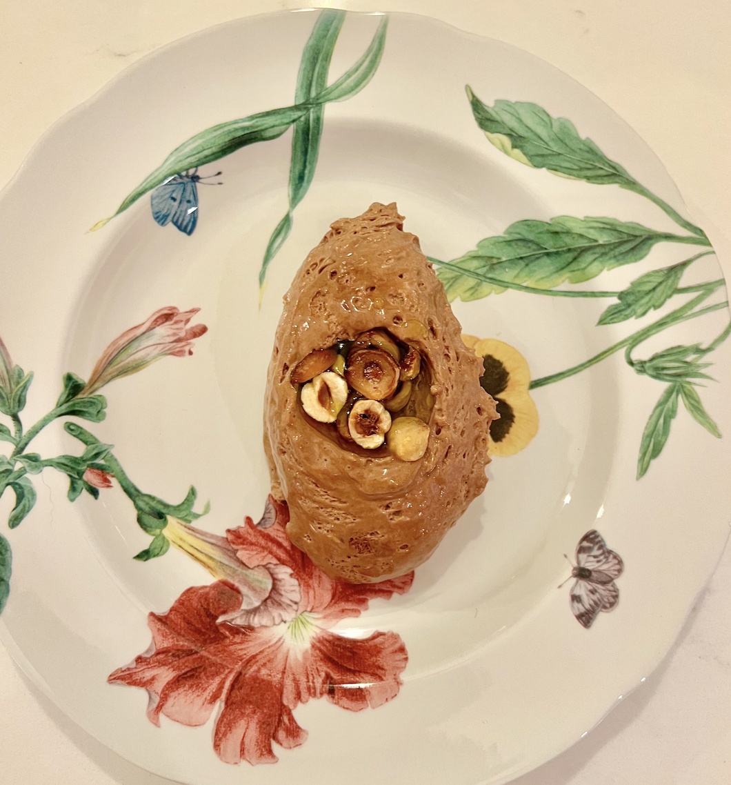 Chocolate Mousse With Roasted Hazelnuts, Olive Oil And Salt.