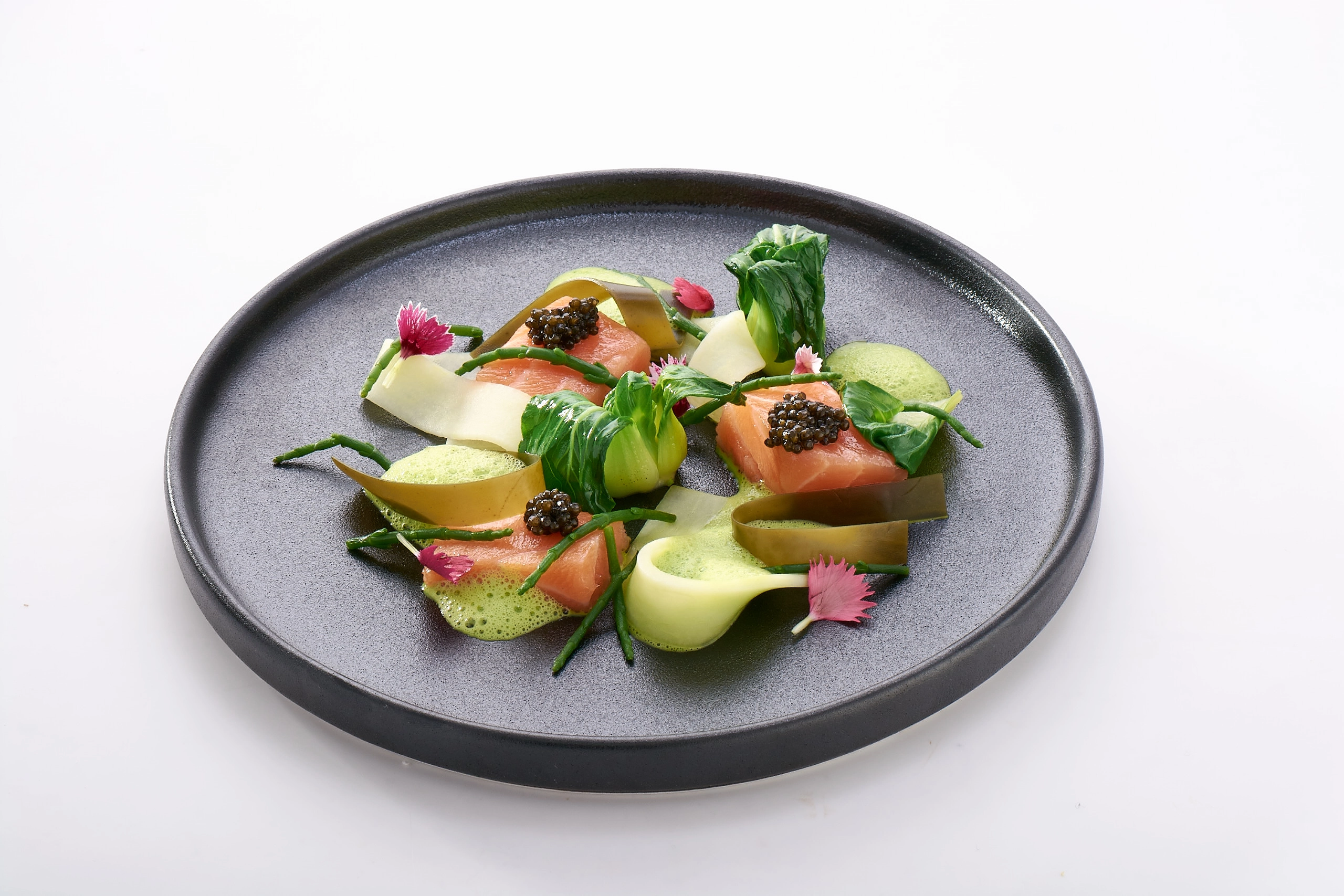 Confit Salmon, Cucumber And Caviar, In A Wasabi Beurre Blanc