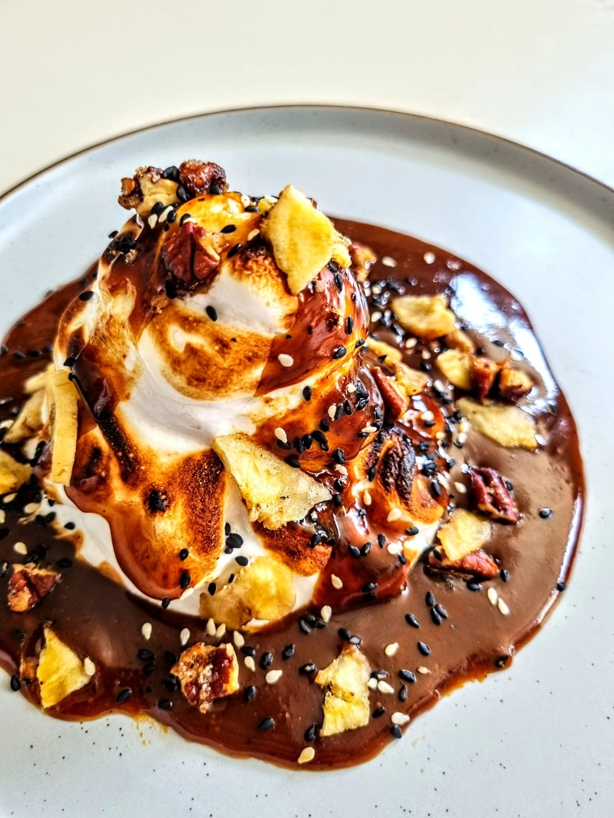 Caramelised Banana Ice Cream On Banana Bread, Yuzu Meringue And Miso Caramel Sauce